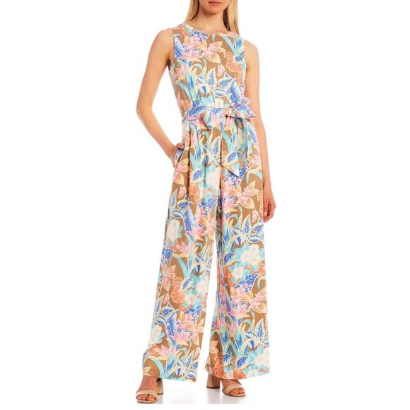 J. McLaughlin Rebekka Floral Wide Leg Jumpsuit Belt Tie Waist sz L NWOT - Picture 1 of 16